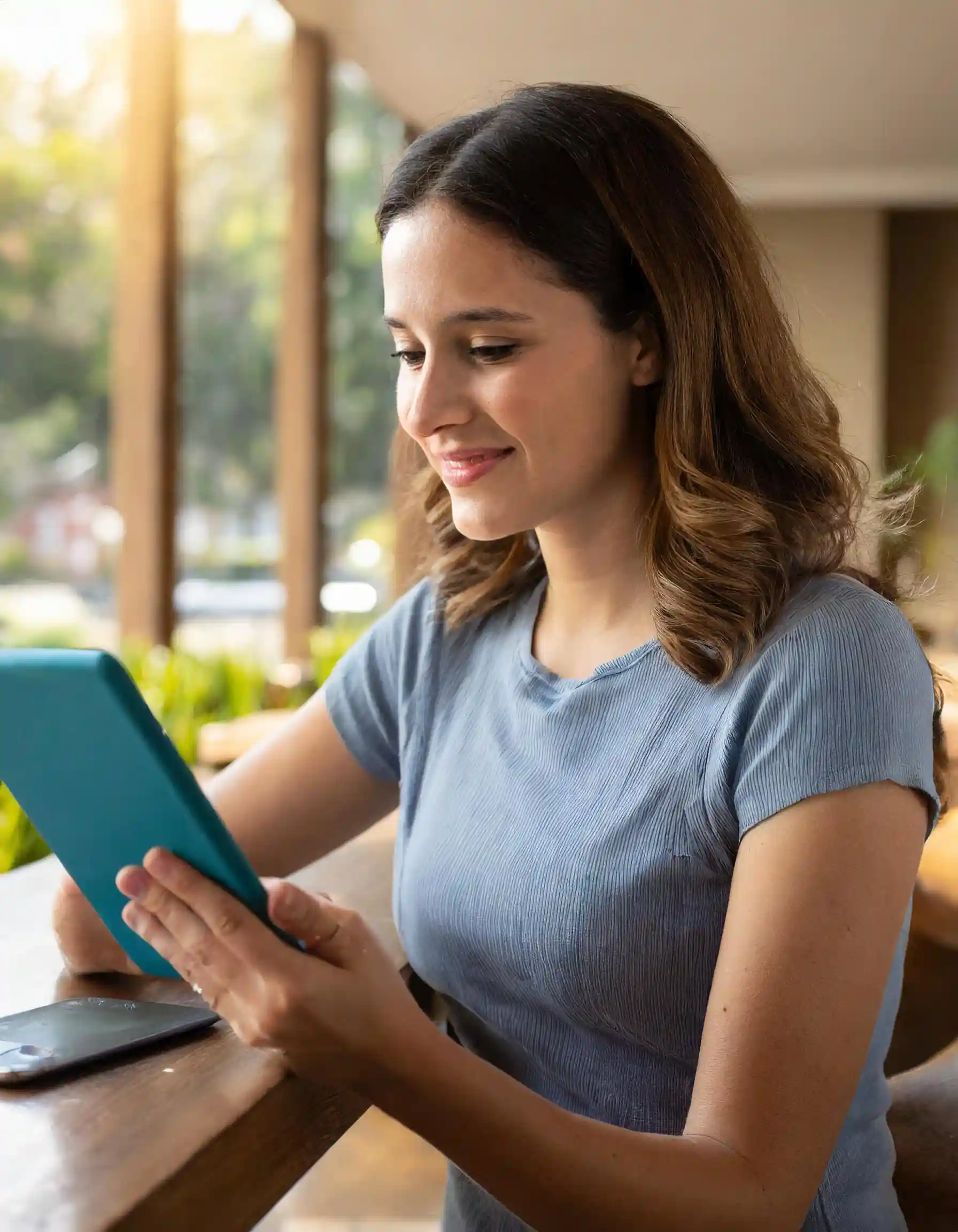 Woman reading a text on her tablet