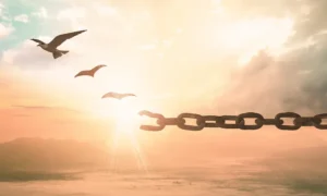 A chain transforming into birds on the horizon
