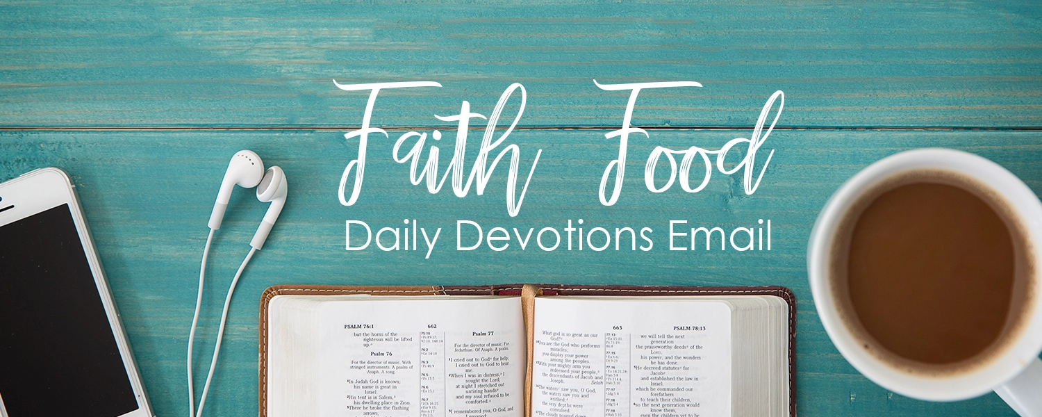 Faith Food banner, a phone a bible and a coffee mug